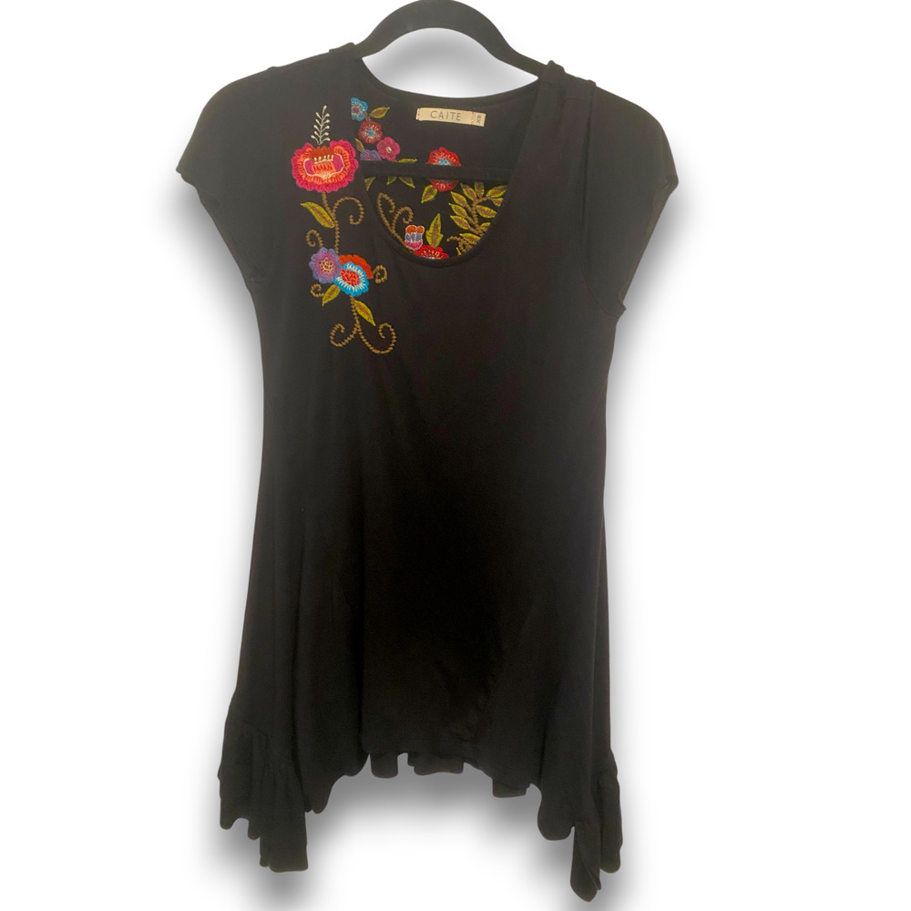 Caite Tunic Shirt 100% Cotton Floral Embroidered Black India Boho Hippie Size XS
